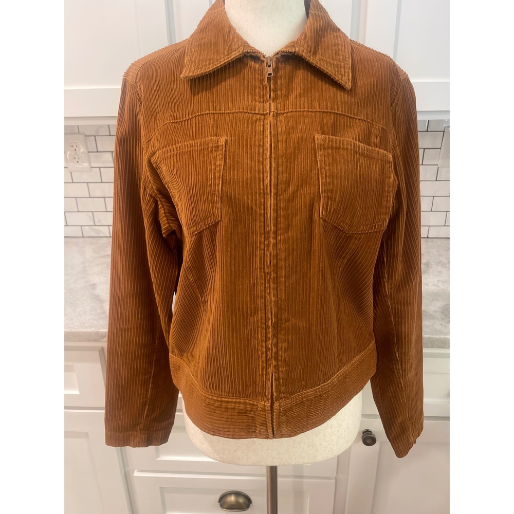 St. Johns Bay Jacket Womens Small Brown Corduroy Zip Up Pockets Long Sleeve
